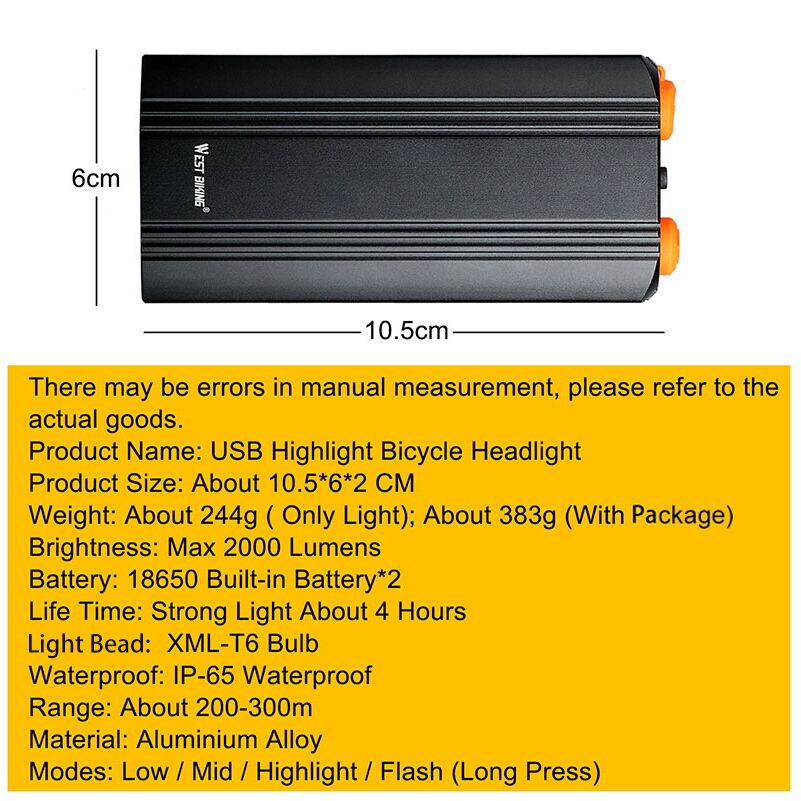 2000 Lumens Bike Light Built-in Rechargeable Handlebar Bicycle Light