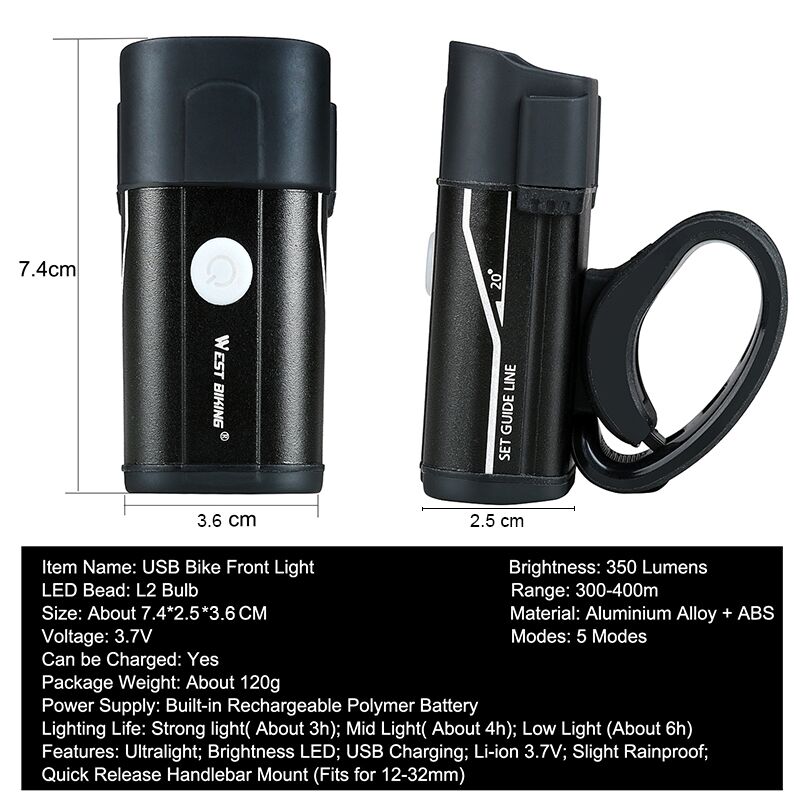 5 Modes Bicycle Front Light 350 Lumens Best Rechargeable Bike Lights