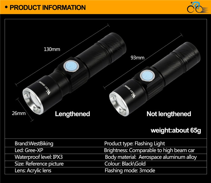 CREE Q5 Bicycle Front LED Flashlight USB Rechargeable Cycling Light