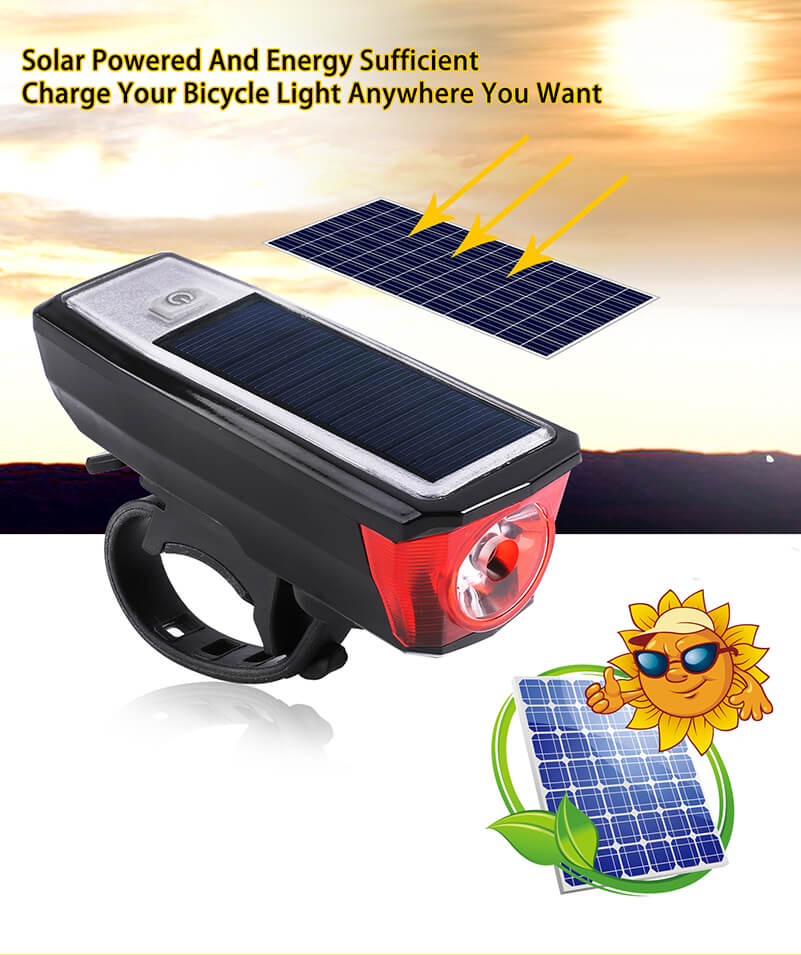 Waterproof Solar Power Bike Light LED USB Rechargeable Bike Front Light With Bell