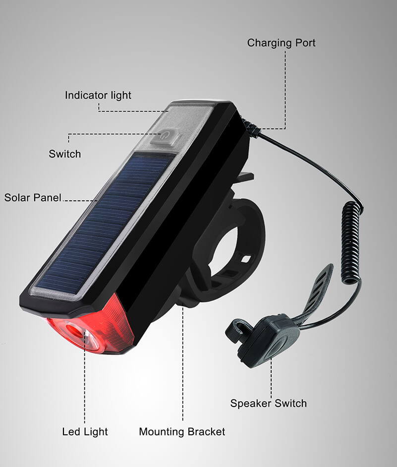 Waterproof Solar Power Bike Light LED USB Rechargeable Bike Front Light With Bell