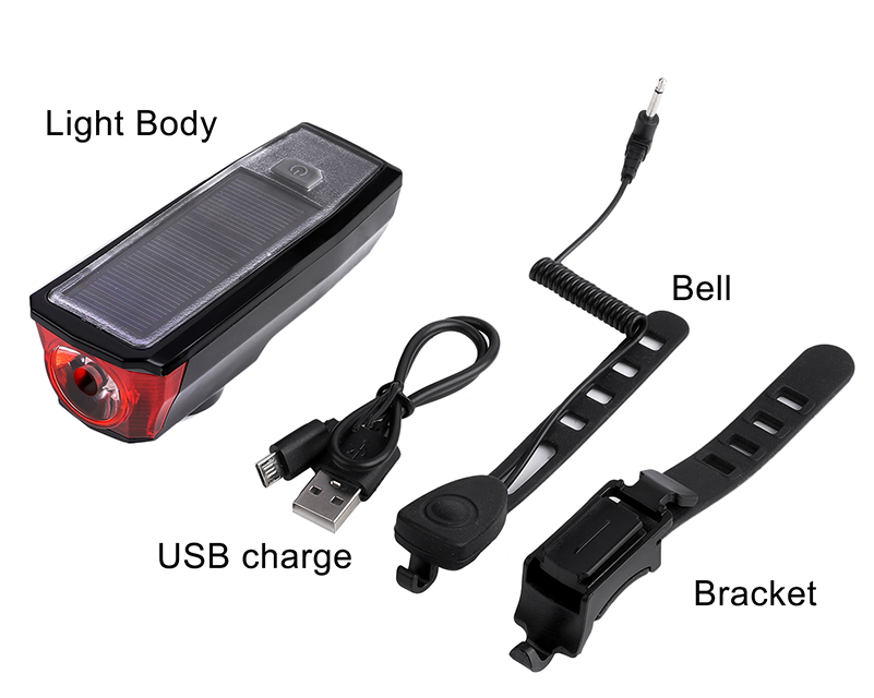 Waterproof Solar Power Bike Light LED USB Rechargeable Bike Front Light With Bell