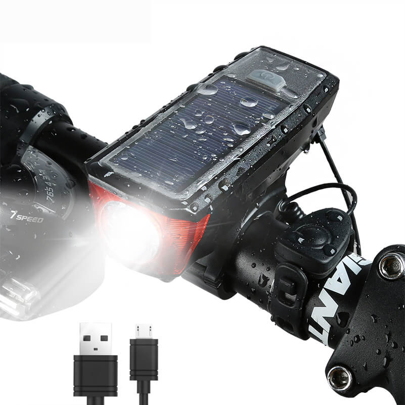Waterproof Solar Power Bike Light LED USB Rechargeable Bike Front Light With Bell