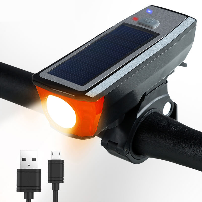 Waterproof Solar Power Bike Light LED USB Rechargeable Bike Front Light With Bell