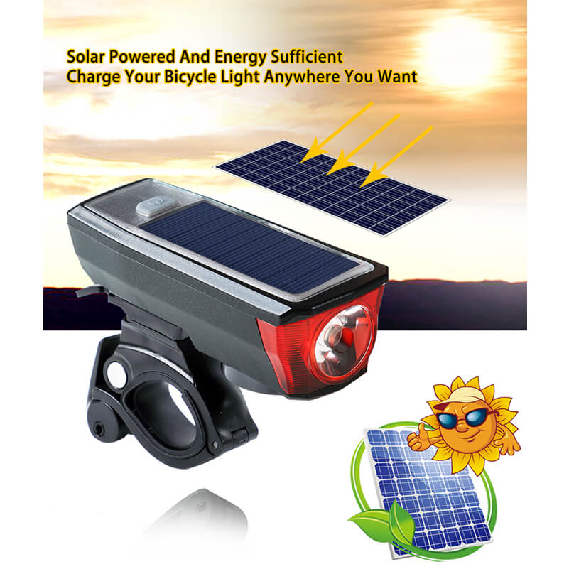 Waterproof Solar Power Bike Light LED USB Rechargeable Bike Front Light With Bell